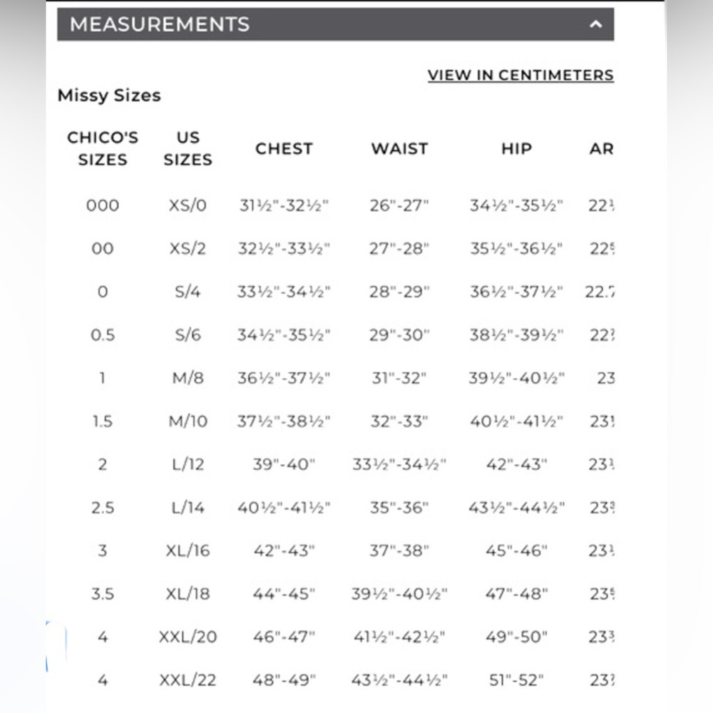Chico’s Sizing Chart & Sizing Chart for Jeans